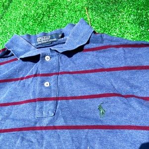 Vintage Polo by Ralph Lauren. Blue with maroon stripes and green pony.